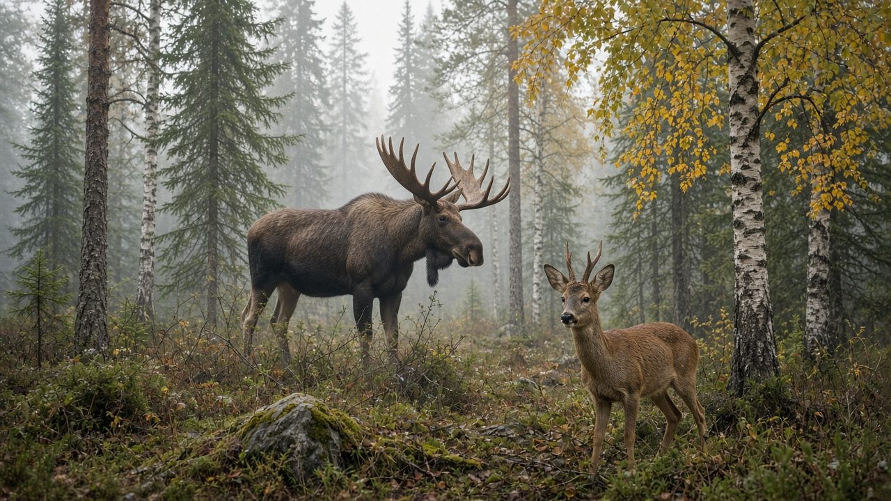 Skog med en älg och ett rådjur.